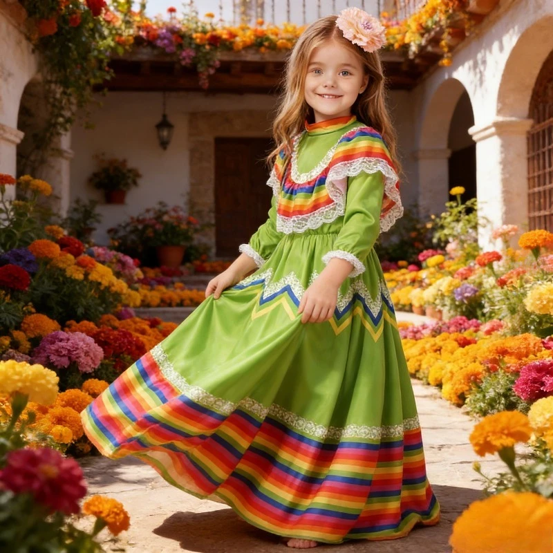 

Длинное платье в этническом стиле, костюм для мексиканских танцев, сценический костюм для школьных выступлений, тематическое платье для выступлений