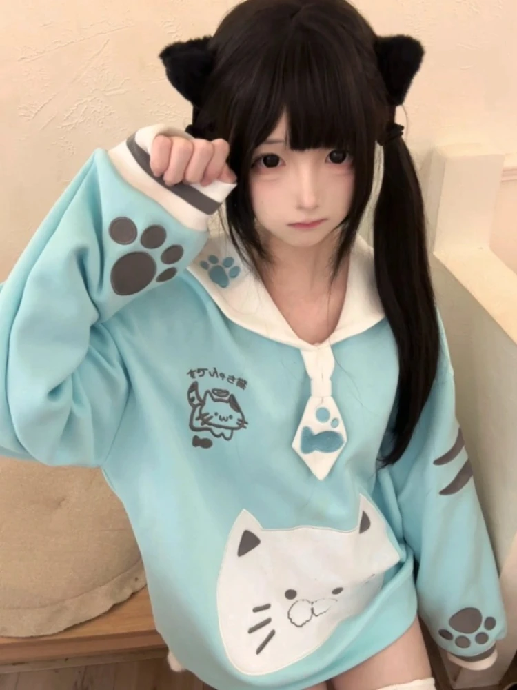 المرأة اليابانية Kawaii البحرية طوق مطرزة هوديي الحلو القط طباعة موضة البلوز الشتاء معطف فضفاض طويل الأكمام عادية #3