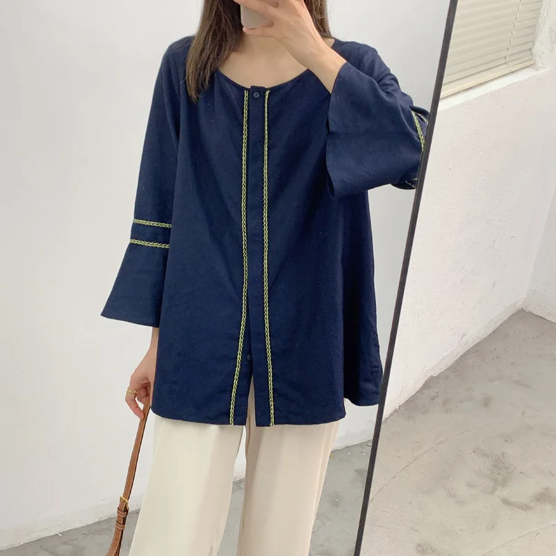 

Elegant Embroidered Cotton Linen Shirt Women's round Neck Long Sleeve Midi Pure Color OL Cotton Linen Blend Summer Shirt