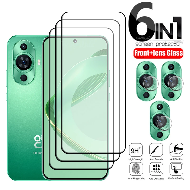 Protector de pantalla de vidrio templado 6 en 1 para Huawei Nova 11, cubierta completa con pegamento, cristal de lente