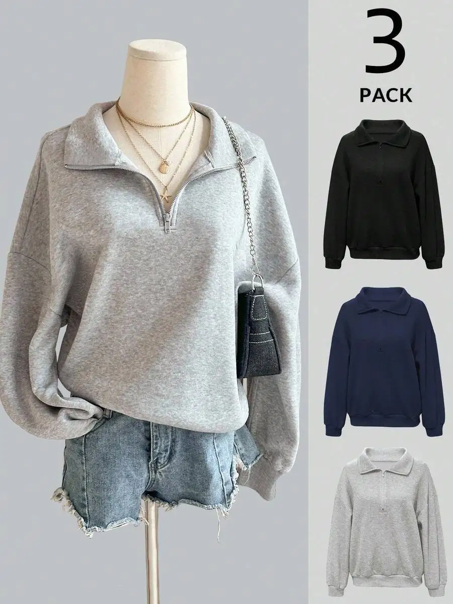 

Women's Loose Half-Zip Sweatshirt with Stand Collar, 3-Pack in Black, Navy, Grey
