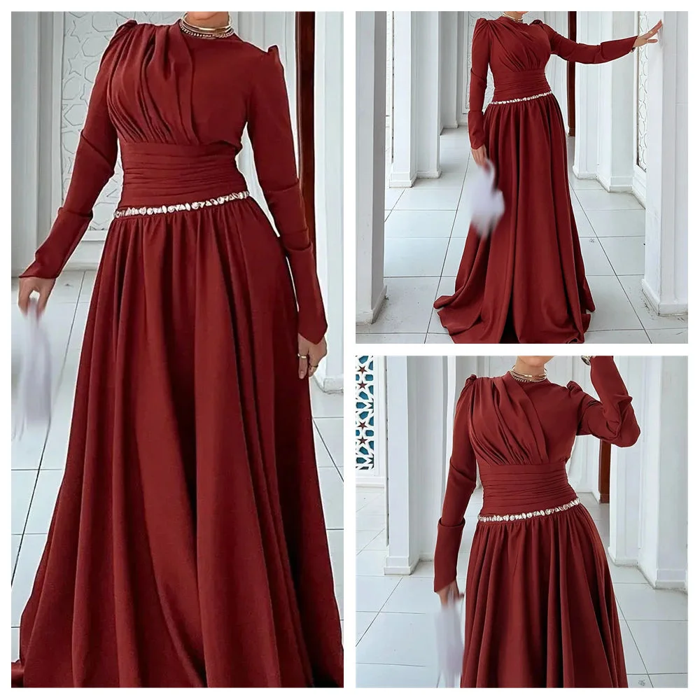 

Customized A-Line Prom Dresses Floor-Lenght O-Neck Full Sleeve Evening Gown Fashion Crystal Pleat Simple Draped Party Gown