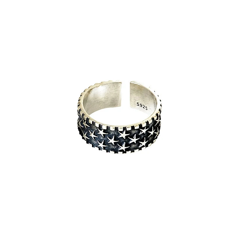 Foxanry Silver Color Star Pattern Cuff Rings For Women Couples Fashion Vintage Minimalist Hip Hop Handmade Party Jewelry Gifts