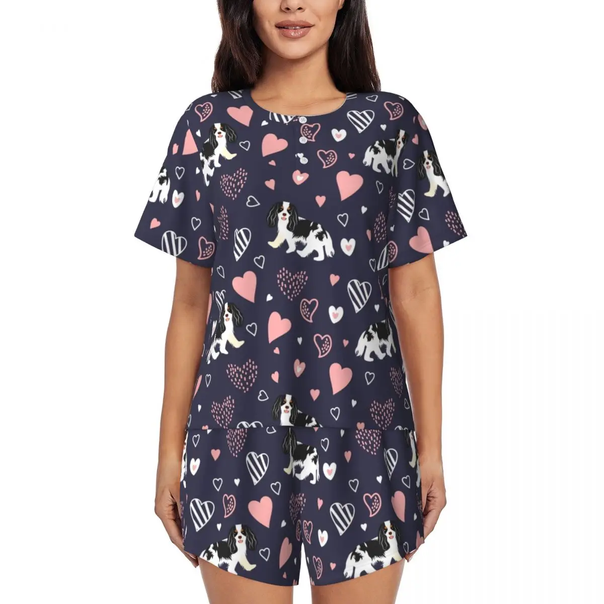 

Custom Printed Womens Cavalier King Charles Spaniel Dog Gift Pajamas Set Short Sleeve 2 Piece Sleepwear Pjs Lounge Sets