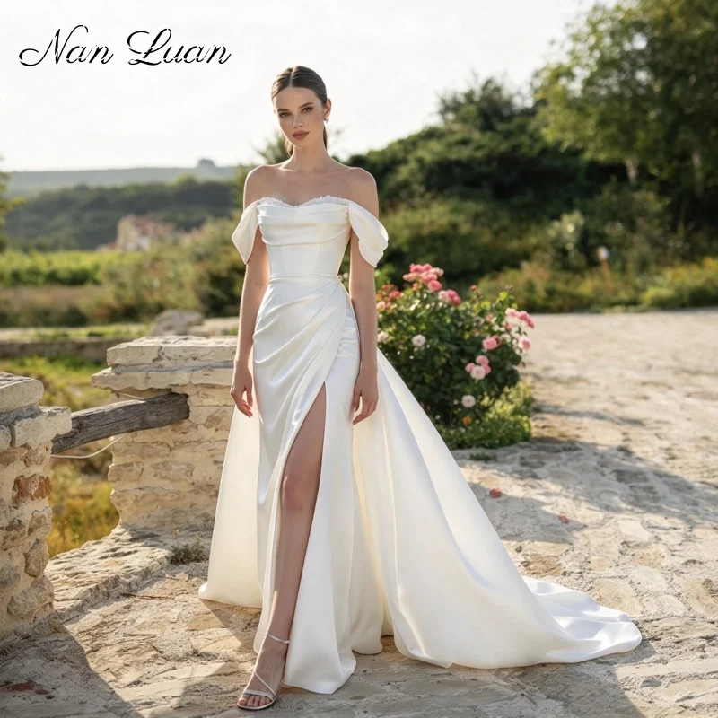 Simple Classic Mermaid Wedding Dress Satin Off Shoulder High Slit Vestidos De Novia Customized