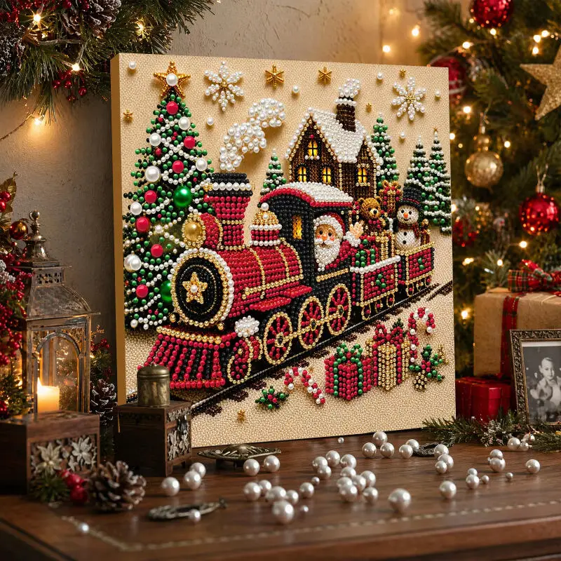 Christmas Pearl Painting Art Set DIY Pearl Beads Craft Kit Handmade Snowy Cottage Train 3D Wall Framed Home Decor Xmas Gifts