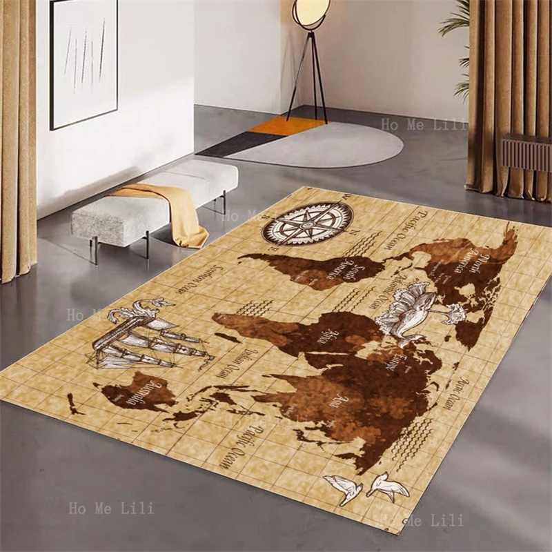 Retro Pirate World Map Flannel Floor Rugs Soft Carpet For Living Room Bedroom Dorm Decoration