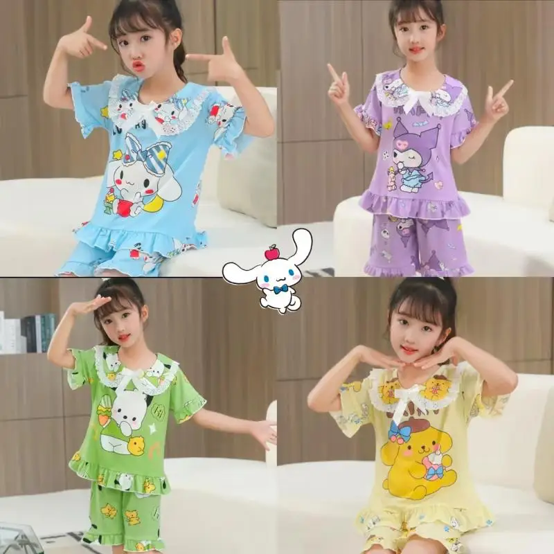 

Комплект домашней одежды для девочек Kuromi: летний, тонкий, модный, с коротким рукавом и шортами, детский, аниме, дышащий, мультяшный, милый, 2 предмета, пижама