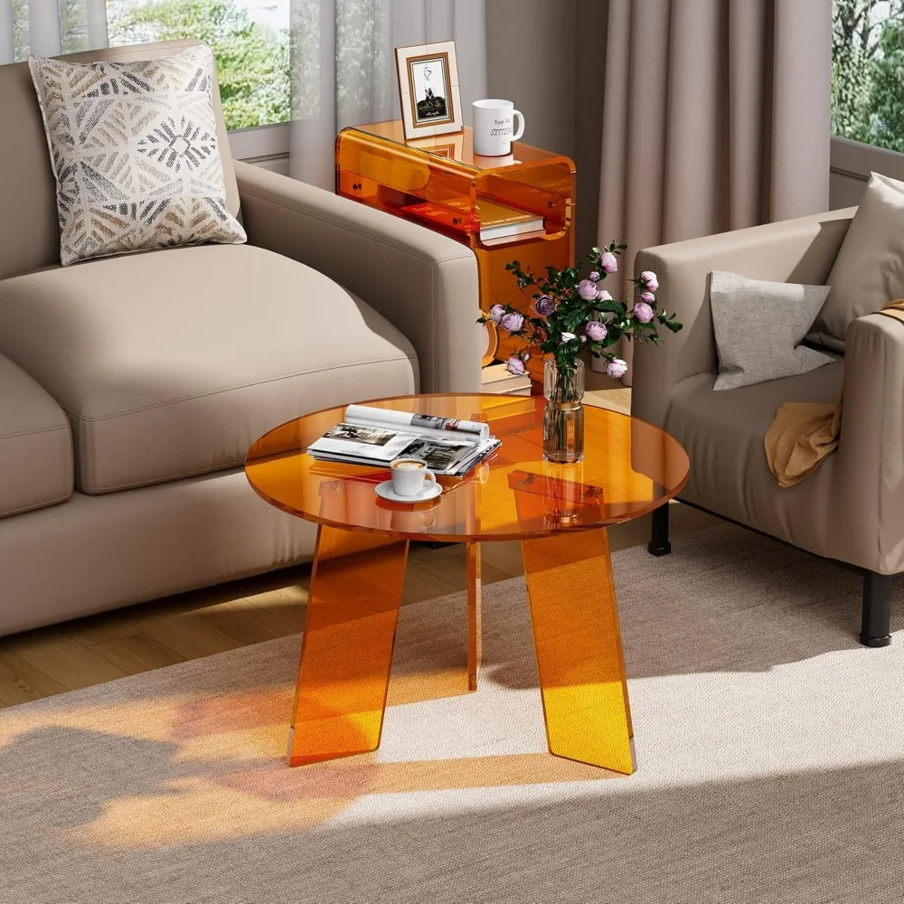طاولة قهوة مستديرة من الأكريليك الشفاف، طاولة جانبية لوسيت حديثة لغرفة المعيشة وغرفة النوم والمكتب (برتقالي، 23.6 × 15.7) #4