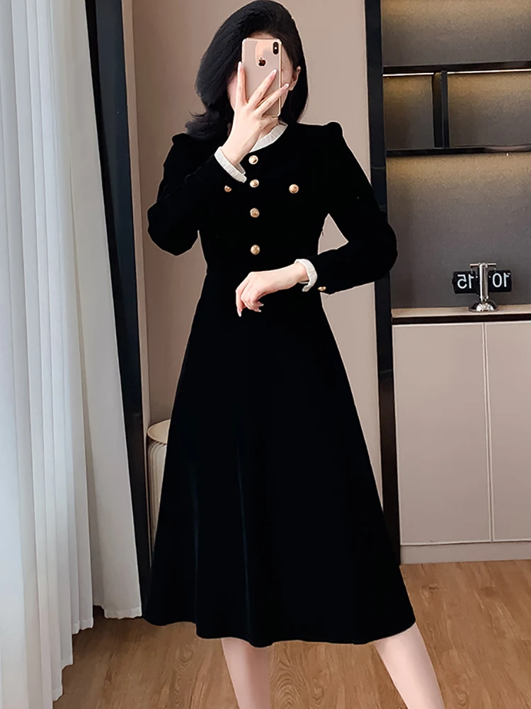 Frauen Koreanische Vintage Bodycon Prom Kleidung Herbst Winter Schwarz Samt Chic Rüschen Kragen Langes Kleid 2025, Elegante Luxus Vestidos