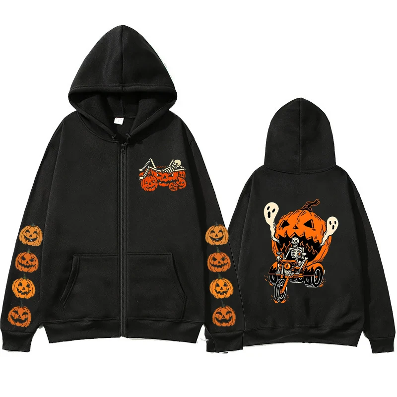 Esqueleto de abóbora bebendo café feminino zip hoodies moletom esqueleto amante do café moletom de halloween crânio abóbora hoodies