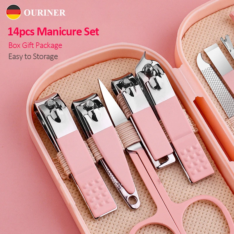 14 Piece Deluxe Manicure & Pedicure Set Pink And Blue Stainless Steel Nail Scissors, Clippers, Ear Digging Spoon for Men & Women