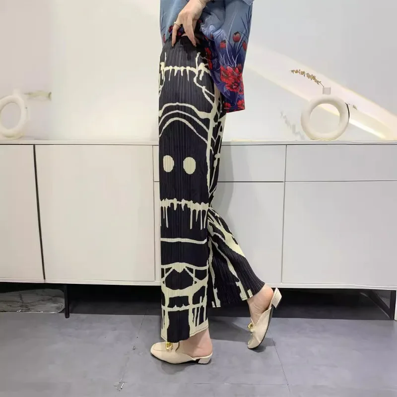 2024 Summer New Wrinkled Pants Women's Straight Tube Pants Comfortable and Casual High Waist Slimming Printed Wide Leg Pants