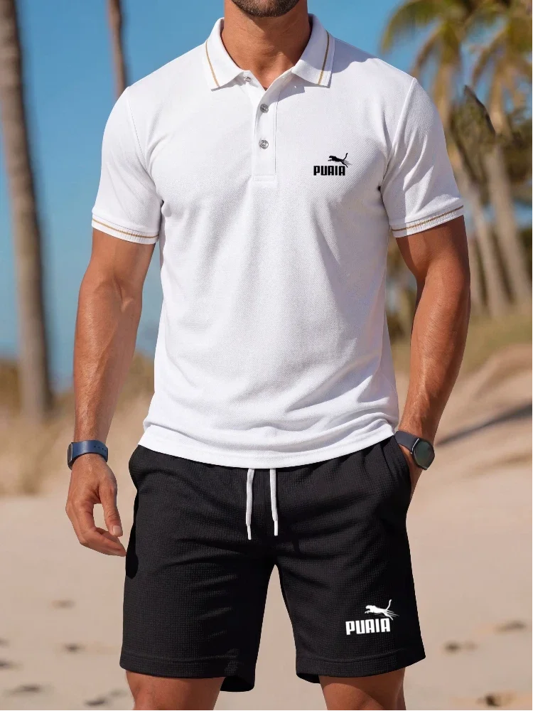 

Brand Printed Polo Shirt Short Sleeve Set Fashion Sports Men's Polo Shirt Printed Shorts Summer Breathable Casual T-shirt Set