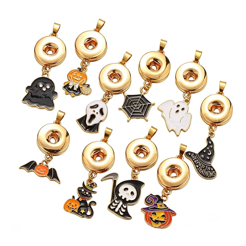 Halloween Ghost Pumpkin Lantern Wizard Bat Cat Golden Plated Charms Snap pendant fit 12mm/18mm snap buttons DIY snap Jewelry