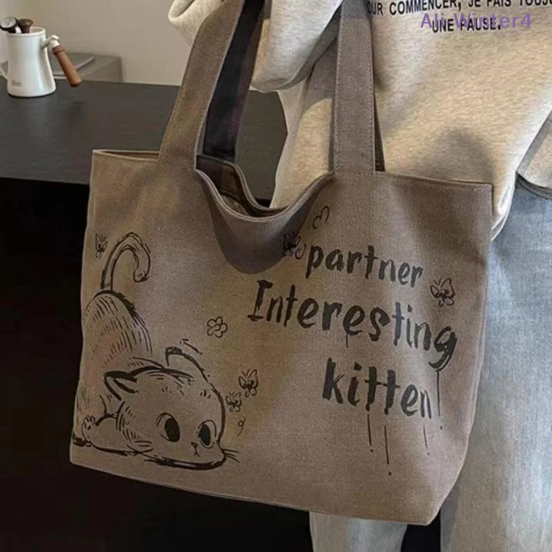 

【Winter4】Canvas Totes Large Capacity Storage Handbag Anime Cat Letters Shoulder Bags Girls Casual Commute Bag Portable Big Ba