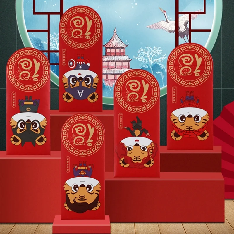 6 Stuks Chinese Rode Enveloppen Jaar Van De Tijger Geluk Geld Rood Pakket Voor Lente Festival Verjaardagsbenodigdheden