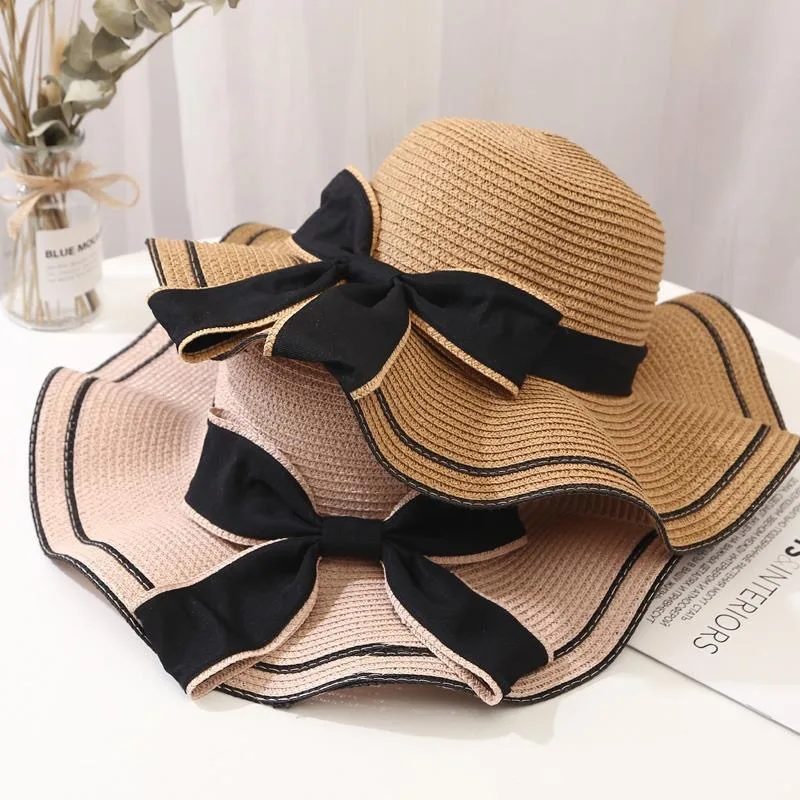 Hot Selling Summer Ladies Bowknot Ribbon Big Eaves Sun Protection Hat Straw Hat Women Casual Beach Floppy Panama Caps