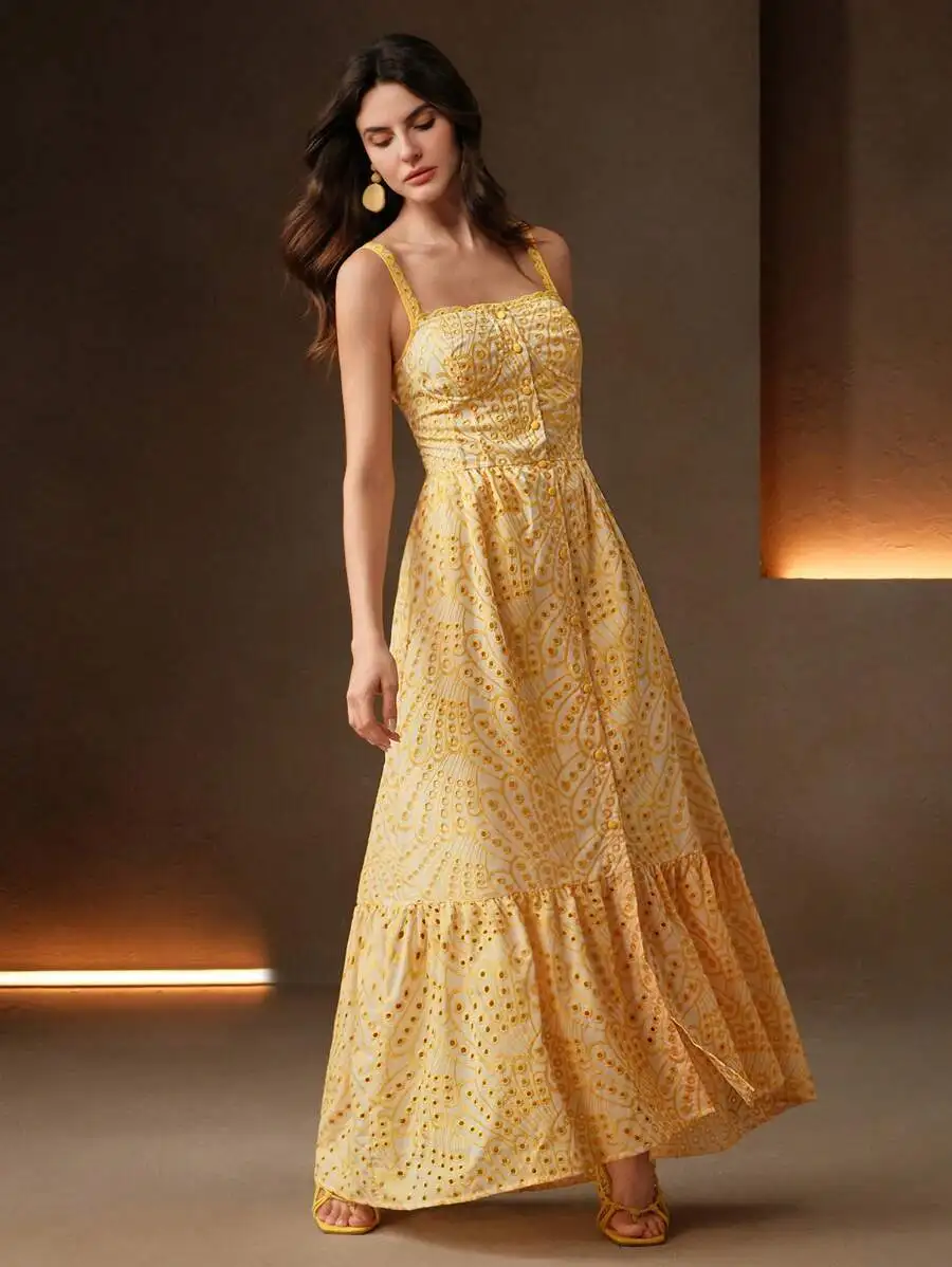 

Yellow A-Line Maxi Dress With Spaghetti Straps, Floral Eyelet Embroidery, Tiered Ruffle Hem, Lightweight For Beach Holidays