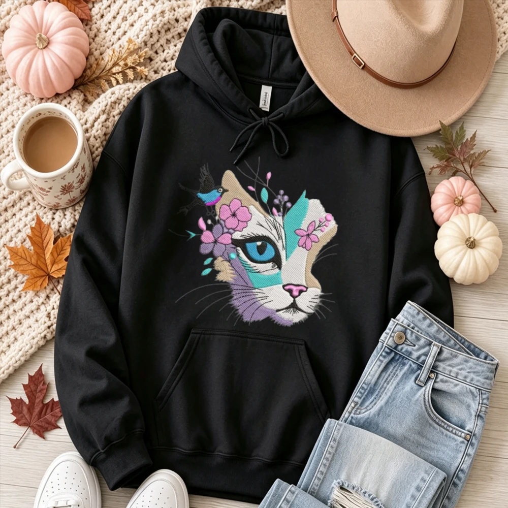 Colorful Floral Cat Bird Art Pullover Boho Watercolor Kitten Face Flower Swallow Print Casual Warm Aesthetic Daily Autumn Tops
