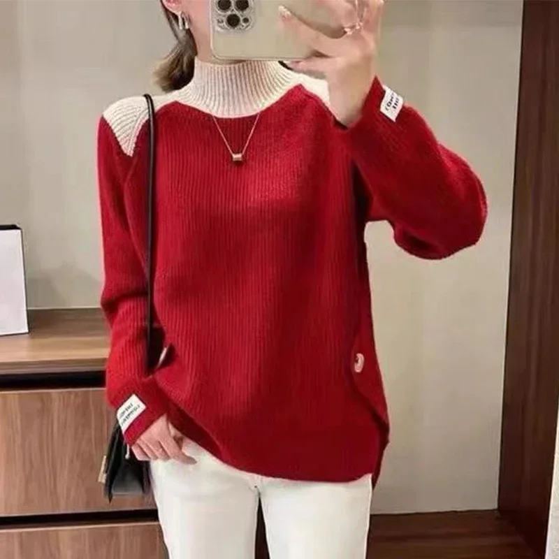 

Women's Winter Half High Neck Pullover Long Sleeve Knitwear Sweater Fashion Casual Versatile Patchwork Elegant Lady Tops PH197