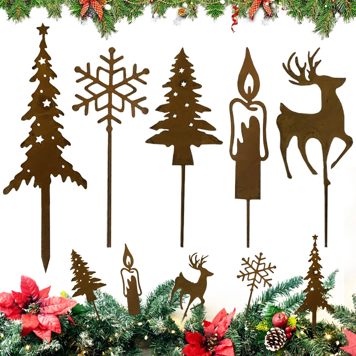 4Pcs Christmas Durable Plant Picks Garden Stakes Intentionally Rusted Christmas Trees Elk Candles Snowflakes Shaped Yard Sign