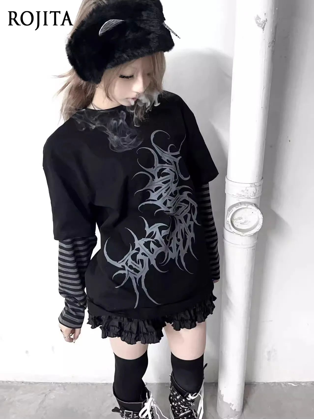 

Темная готическая субкультура сороконожки с принтом, искусственная двухсекционная полосатая лоскутная футболка с длинными рукавами, топ унисекс, женские футболки с графическим рисунком