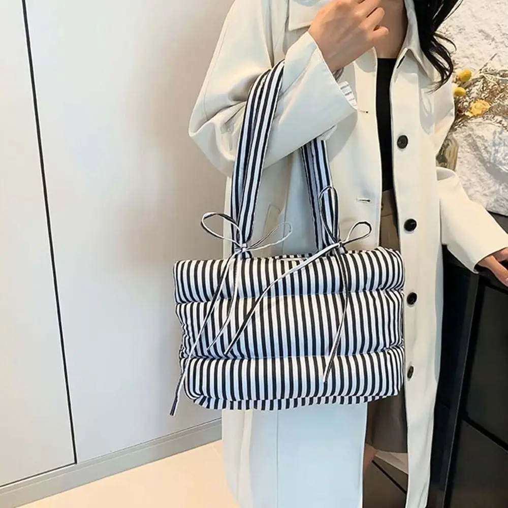 Casual Korean Style Space Cotton Tote Bag Large Capacity Bowknot Cloud Bag Stripe Solid Color Nylon Bow Handbag Office Worker