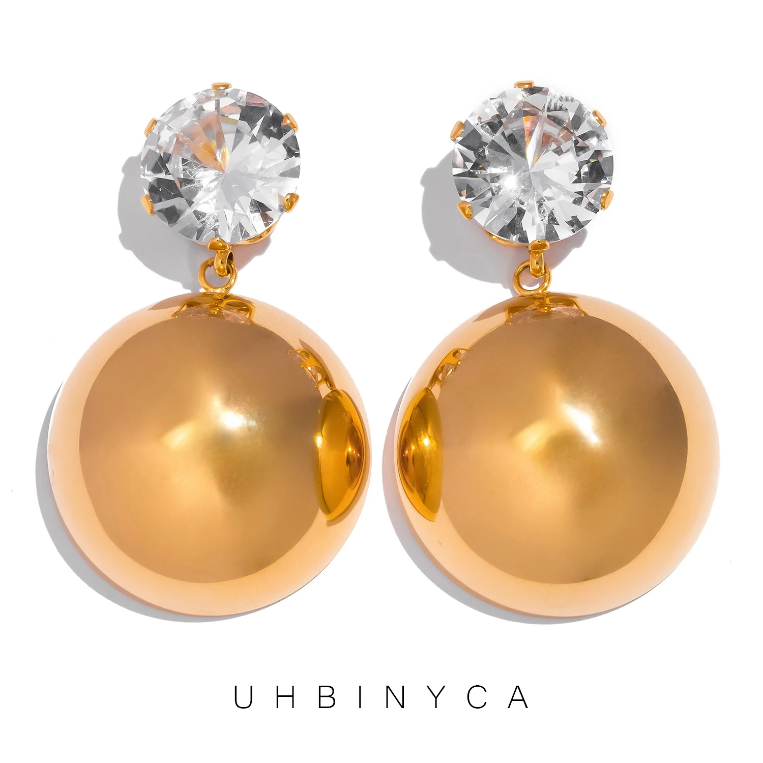 AAA Zircon Hemispherical Pendant Earrings for Women, Fine Polishing Stainless Steel Plated 18K Gold Boutique Jewelry