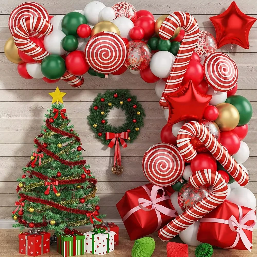 

135PCS Christmas Balloon Set Candy Cane Aluminum Film Balloon Red Green White Christmas New Year Balloon Chain Arch Wreath Set