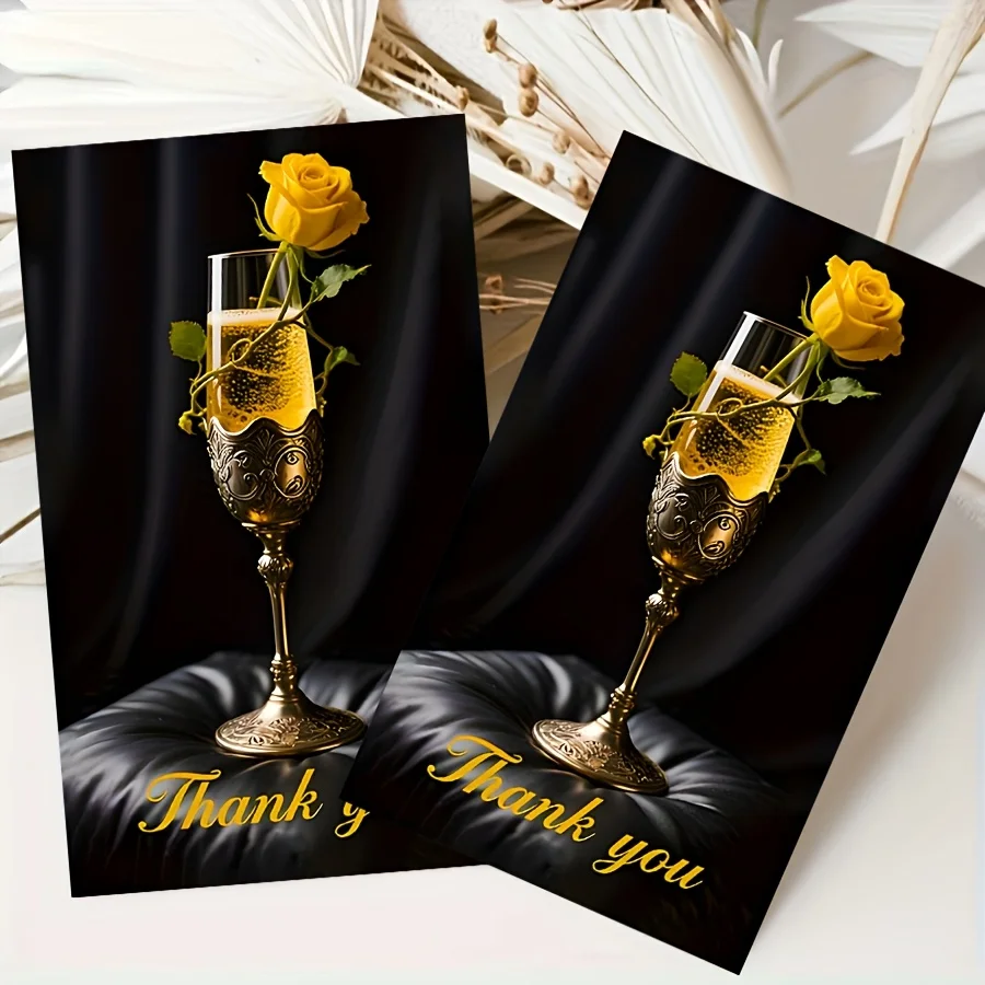 50PCS Light Luxury Black Gold Rose Champagne Thank You Card, Suitable for Weddings, Business Appreciation, Party Decoration, Etc