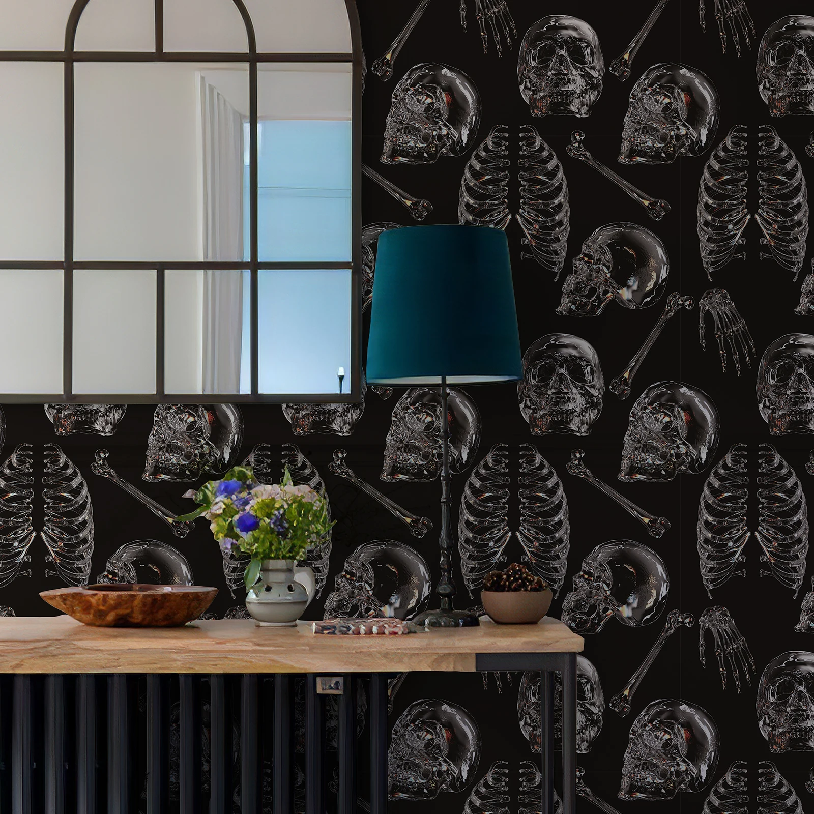Dark Colored Glass Skull Wallpaper Chic Black Transparent Skeleton Wall Contact Paper Halloween Festival Self Adhesive Wallpaper