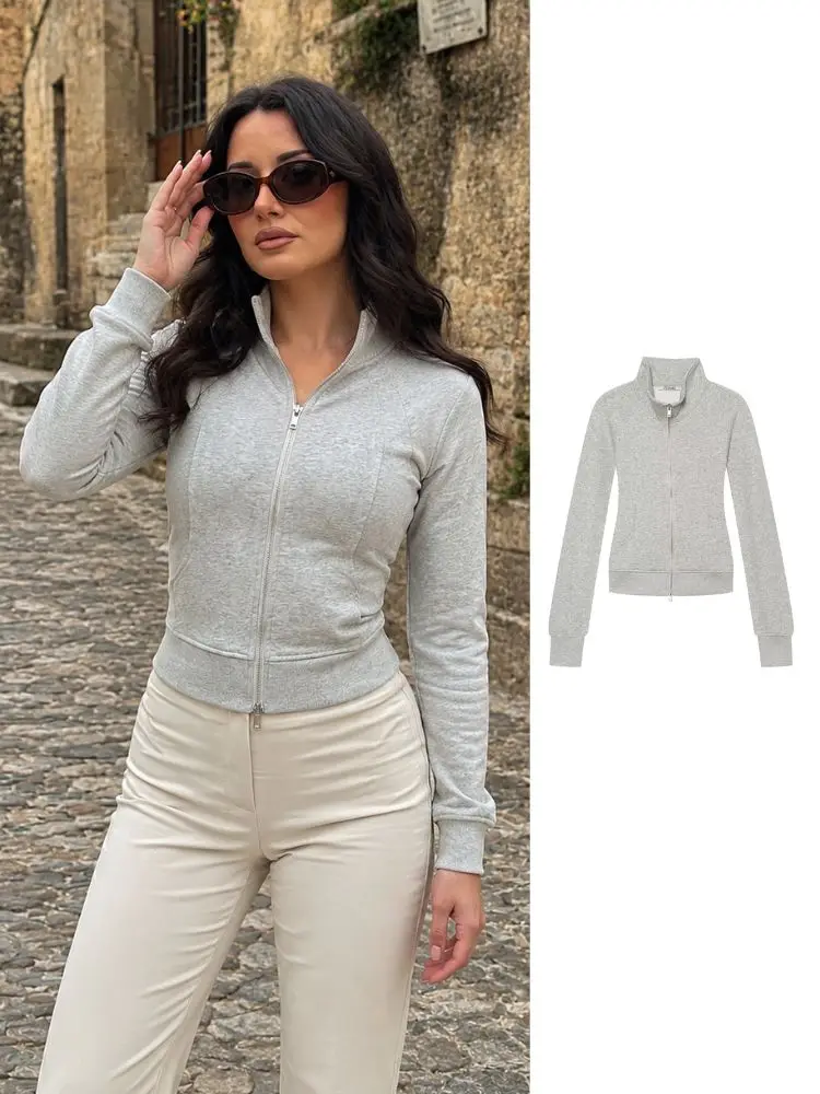 Chaqueta Corta con Cremallera para Mujer, Primavera/Otoño, Gris Jaspeado, Cuello Alto, Manga Raglán, Corte Ajustado, Ropa Deportiva Informal para Uso Diario