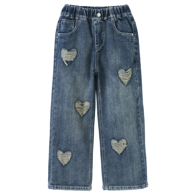الفتيات أزياء الجينز الربيع والخريف الأطفال في سن المراهقة الحب هول مستقيم الدينيم السراويل الفتيات الرجعية فضفاض واسعة الساق السراويل #5