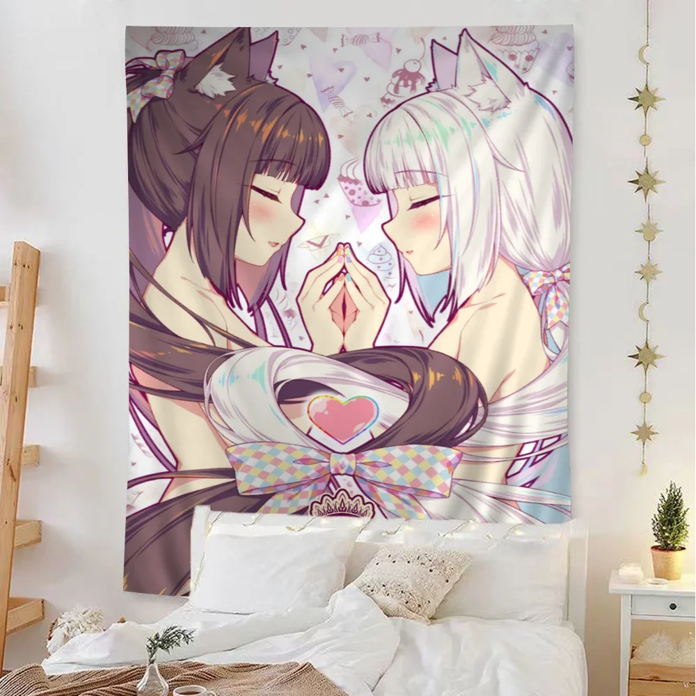 Nekopara Chocola Vanilla Anime Printed Large Wall Tapestry Hanging Tarot Hippie Wall Rugs Dorm Cheap Hippie Wall Hanging