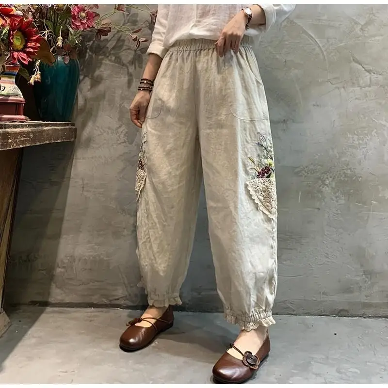 

Spring and Summer Women's Retro Embroidered Lace Pants Women's Japanese Style Leg-tie Lantern Nine-point Pants