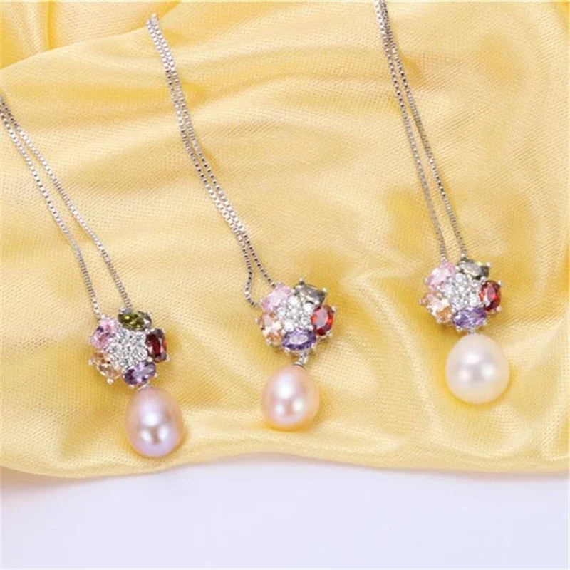 925 Sterling Silver Colorful Zircon Pendant Jewelry 100% Genuine Natural Freshwater Oval Pearl Necklace Women(No Chain)