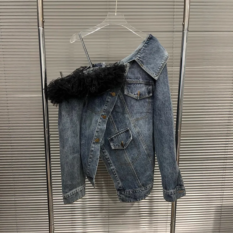 WTHT New Trendy Women Irregular Off-shoulder Spliced Plush Edge Denim Jacket 2025 Autumn Fashion Long Sleeve Coat Female 1LS2579