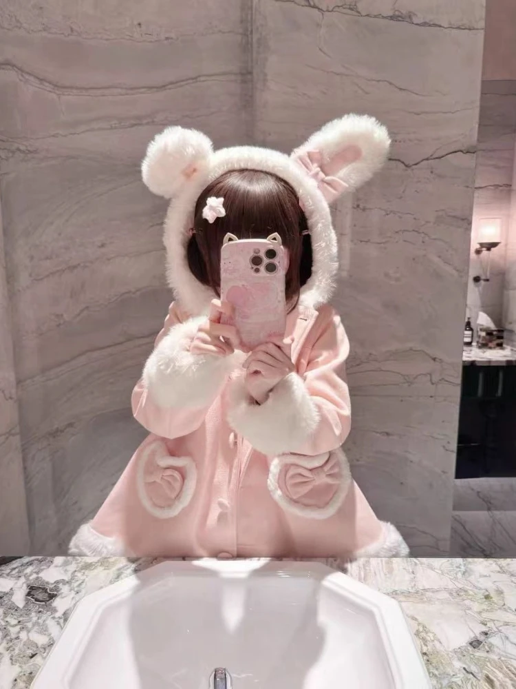 Winter Japanse Lolita losse roze wollen stoffen jas elegante zoete nieuwe lieve boog warme overjas mode kawaii bontkraag jas