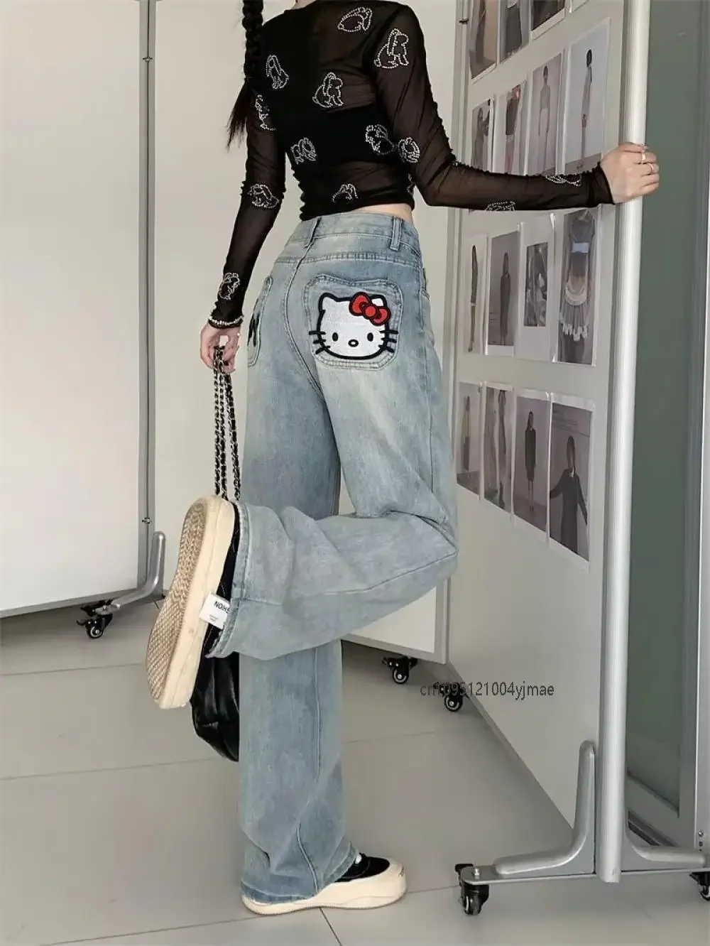 New Hello Kitty Wide Leg Pants Women's Spring Girl China-Chic Embroidery Loose Skinny Straight Leg Denim Pants Straight Trousers