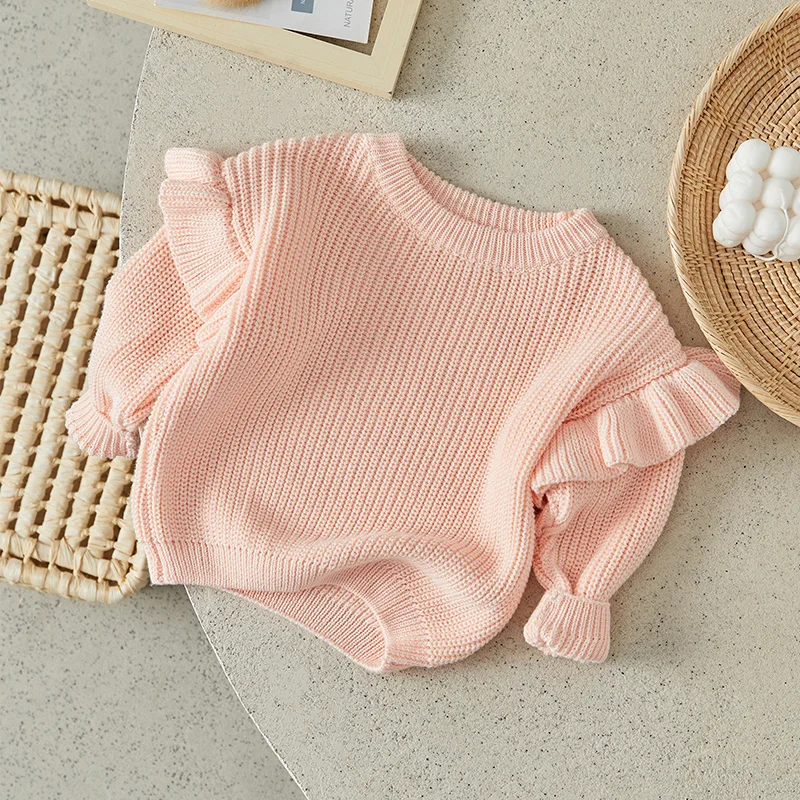 Suefunskry Newborn Baby Girl Boy Knitted Ruffled Long Sleeve Sweaters Solid Color Loose Pullover Toddler Casual Tops