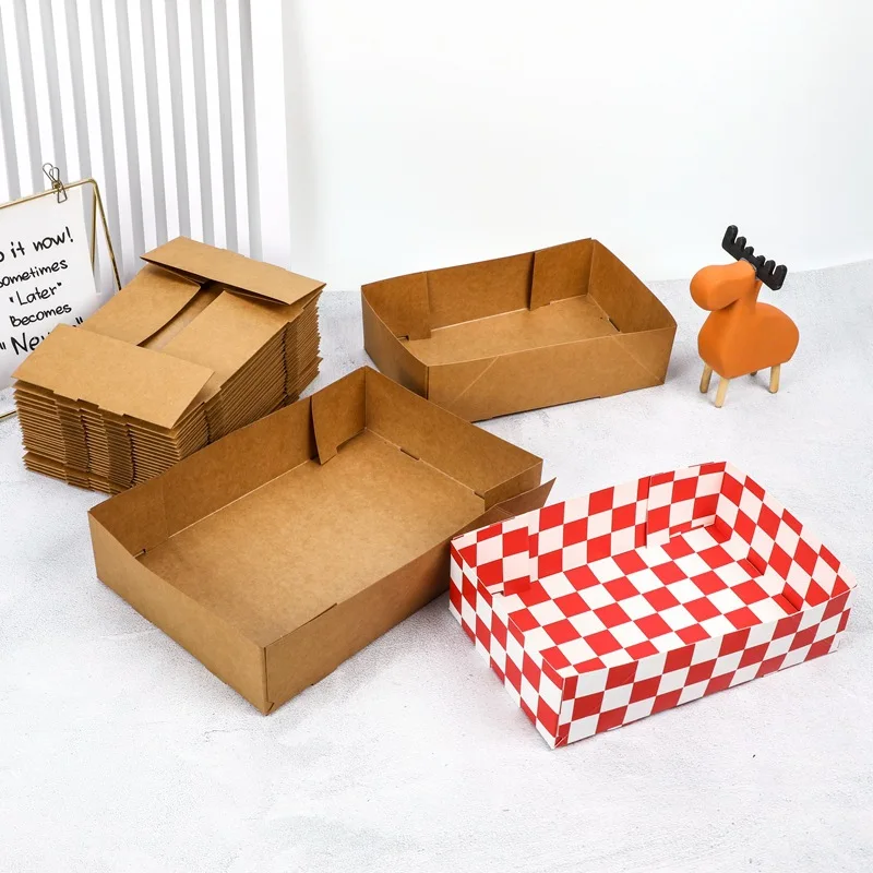 20Pcs/Pack Heavy Duty Disposable Kraft Brown Paper Food Trays Grease Resistant Fast Food Snack Boat for Parties Fairs