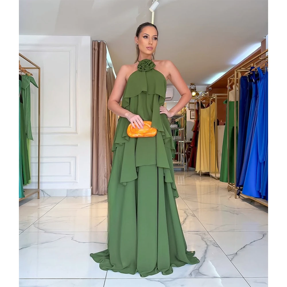 فستان حفلة موسيقية أنيق من الشيفون الأخضر مخصص على شكل زهرة رسن بدون أكمام على شكل حرف A فساتين سهرة طويلة بدون ظهر للحفلات
