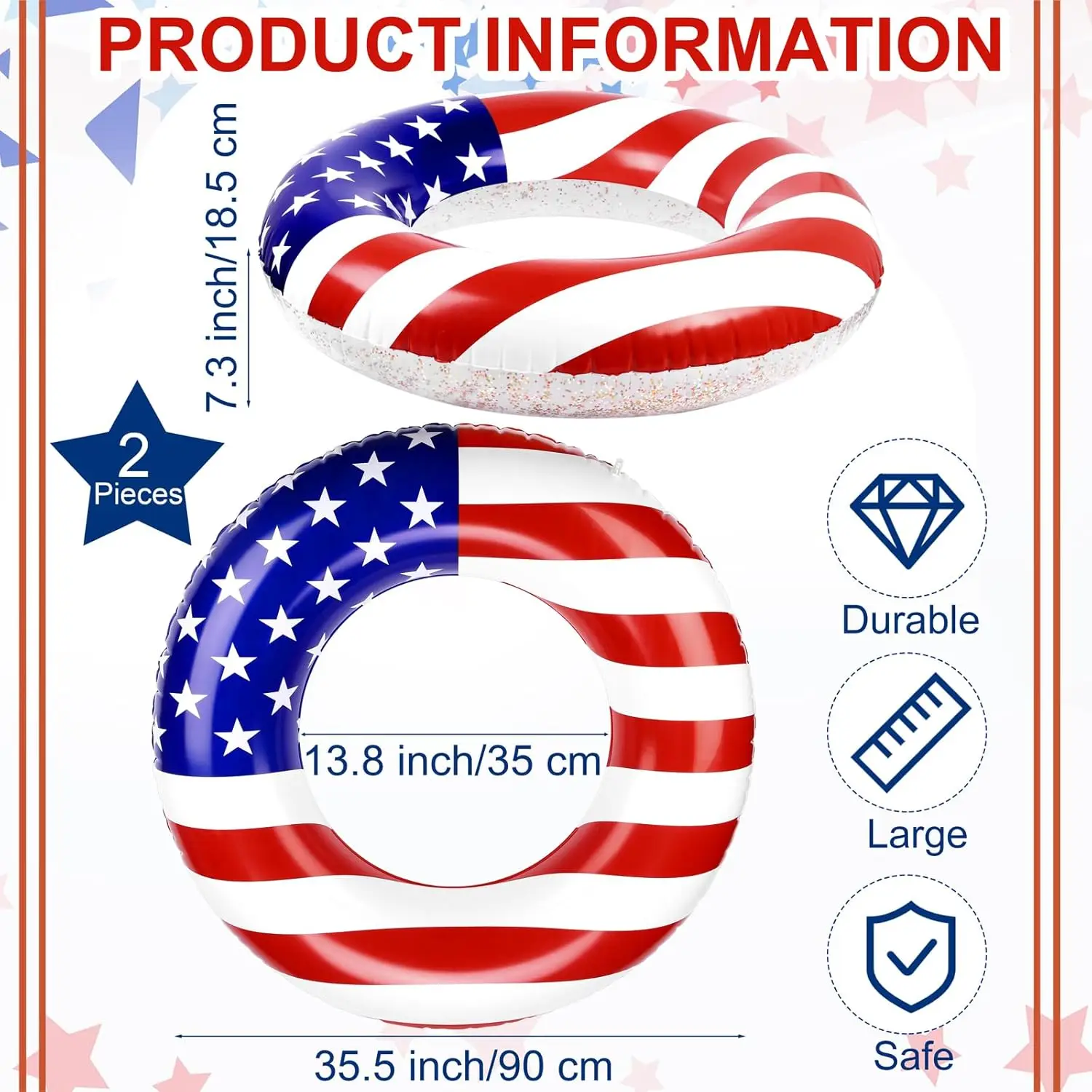 2 szt. dmuchanych materacy do pływania w kształcie USA, flaga USA, kółka do pływania wypełnione brokatem srebrnych gwiazdek i konfetti, 91 cm, patriotyczne zabawki