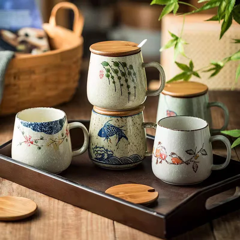 Tasse à café en céramique rétro japonaise de 350ml, avec couvercle et cuillère, conception Stable résistante à la chaleur pour le thé au lait, le petit déjeuner, cadeau de bureau à domicile