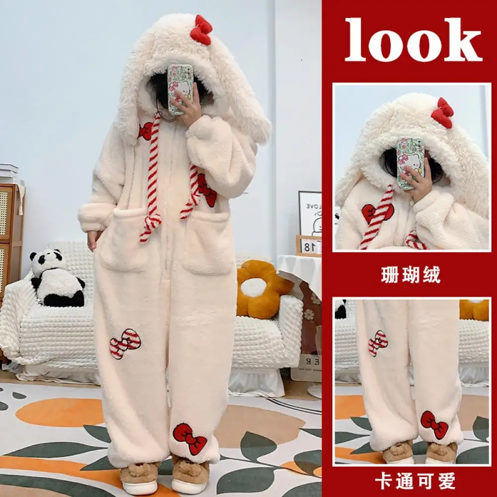 Mono de invierno Kawaii Hello Kitty, pijamas de felpa de una pieza, pijamas de Anime para mujer, ropa de casa de estudiante de terciopelo Coral grueso cálido