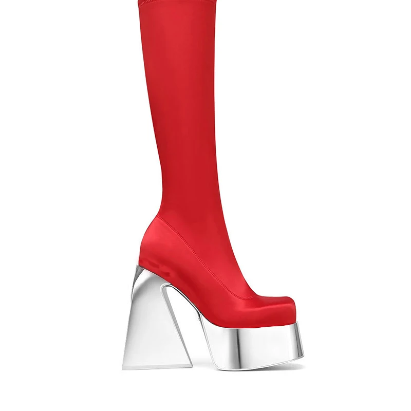 Silver Red Color Waterproof Platform Boots Ultra High Heel Square Head Fashion Women\'s Boots Steel Pipe Dance Stage Boots 35-43
