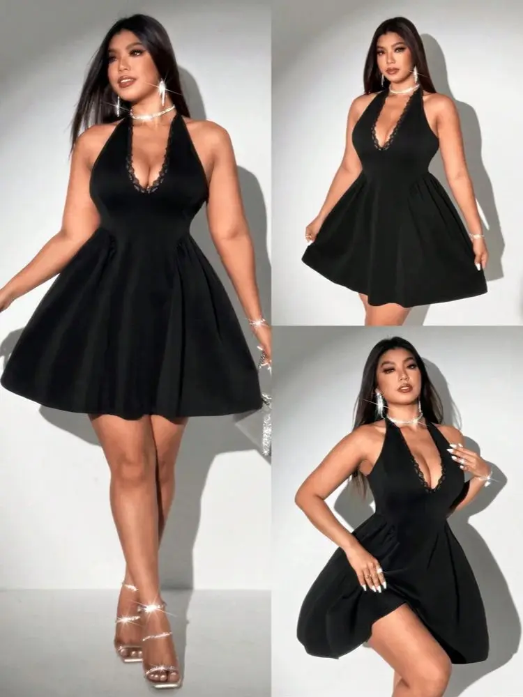 Sukienka plus size na wiosnę/lato, nowość, dekolt w serek, seksowna, z koronkowymi wykończeniami, bez rękawów, bufiaste spódnice, suknia wieczorowa, jednolity kolor. — zdjęcie 2
