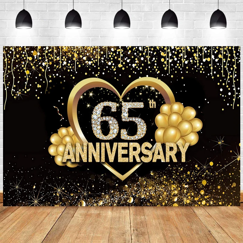 

65th Birthday Backdrop for Woman Man 65 Years Anniversary Party Decorations Banner Black Gold Photo Background Photography Props