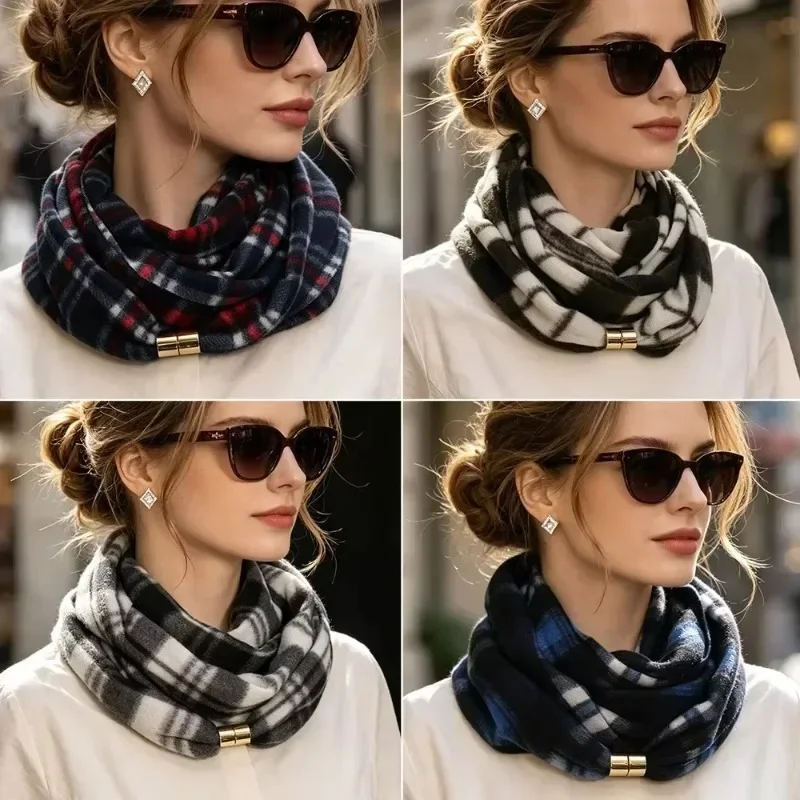 Winter Women Checkered Magnetic Closure Neck Gaiter Classic Plaid No Tie Warm Neck Cover Scarf Fashion Daily Wear Outdoor Gift